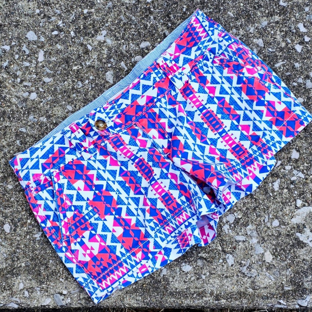 Red Camel Womens Size 5 Blue Pink Geometric Aztec Print Cotton Chino Shorts